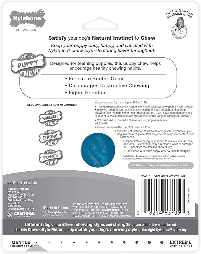 Nylabone Dental Dinosaur Puppy Power Chew Toy, Soothing Puppy Teething Bone, Enrichment Toy for Puppies, Chicken Flavor, Small Dogs - Up to 25 lbs., 1 Count