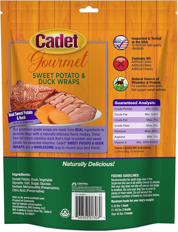 Cadet Gourmet Sweet Potato & Duck Wraps Limited-Ingredient Dog Chews, Healthy and Natural Training Treats for Small and Large Dogs, 14 oz