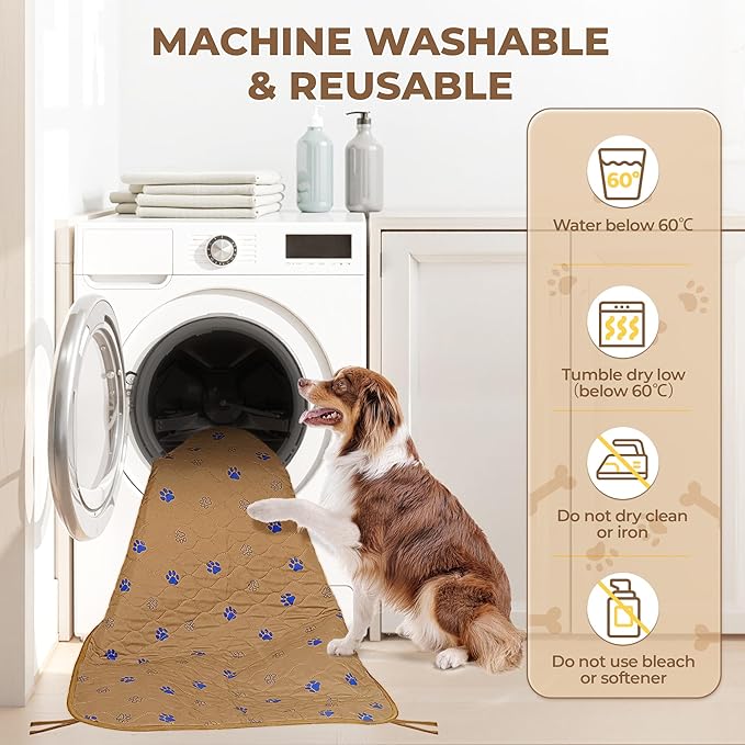 Fostanfly Washable Dog Pee Pads, 2-Pack 36"x41" Large Reusable Potty Training Pads, Ultra-Absorbent, Leak-Proof & Non-Slip, with 8 Lanyards for Playpen, Crates & Furniture, Brown