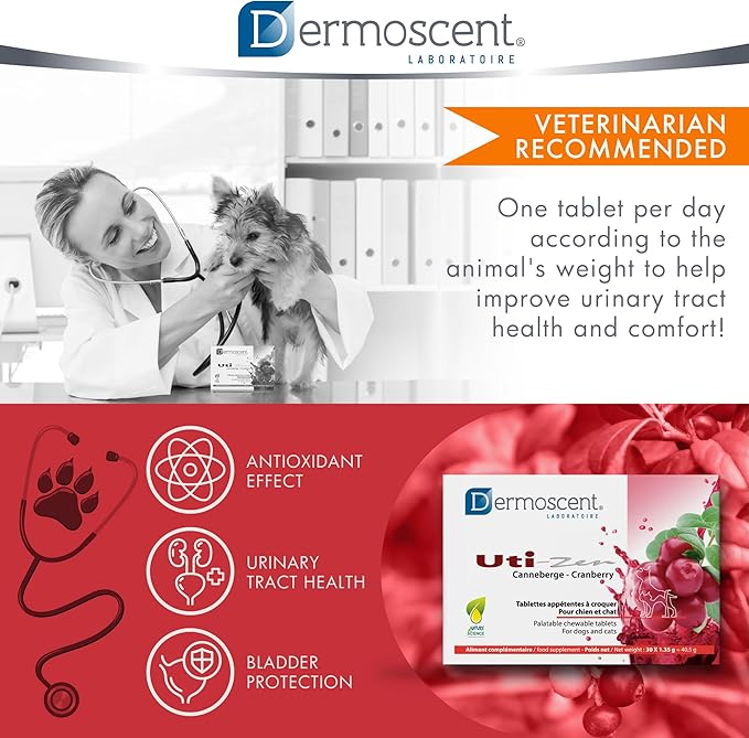 Dermoscent UTI-Zen Cranberry Tablets for Dogs & Cats Food Supplement for Bladder, Kidney & Urinary Tract Health Chicken Flavoured - 30 Tablets