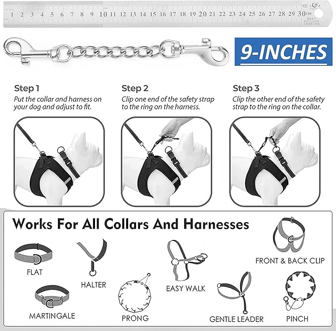 MOZETO Dog Collar Safety Clip, Stainless Steel Heavy Backup for Prong Collar, Dog Harness Collar Leash Connector (9 inches)