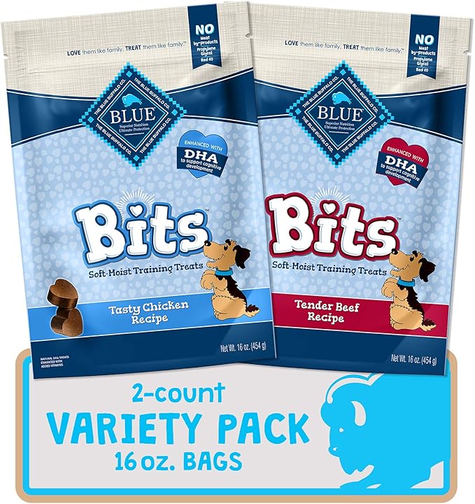 Blue Buffalo Blue Bits Natural Soft-Moist Training Dog Treats Chicken & Beef Recipes 16-oz Bag Variety Pack, 2ct