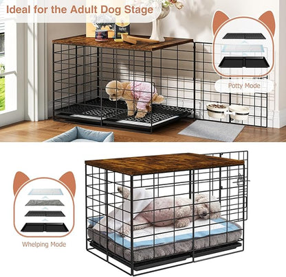 24 Inch Small Dog Crate - Indoor Puppy Kennel with Training Tray, Wooden Top & Thickened Metal Wire, Dog Cage for Small Dogs & Puppies Under 20 lbs, Decorative All-Stage Pet House