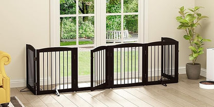 PUPETPO Freestanding Pet Gates with Walk Through Door, Dog Indoor Fence, Dog Gate for The House, Doorway, Stairs, Extra Wide Pet Gate, Support Feet Included, 120 Inch Wide, 6 Panels 24" Tall, Brown
