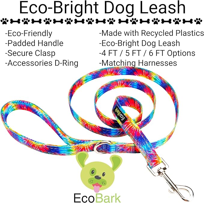 EcoBark Dog Leash - Soft & Reflective Comfort Leashes with Padded Handle - Safe, Strong, & Durable for Small, Medium or Large Dogs (Tie Dye)