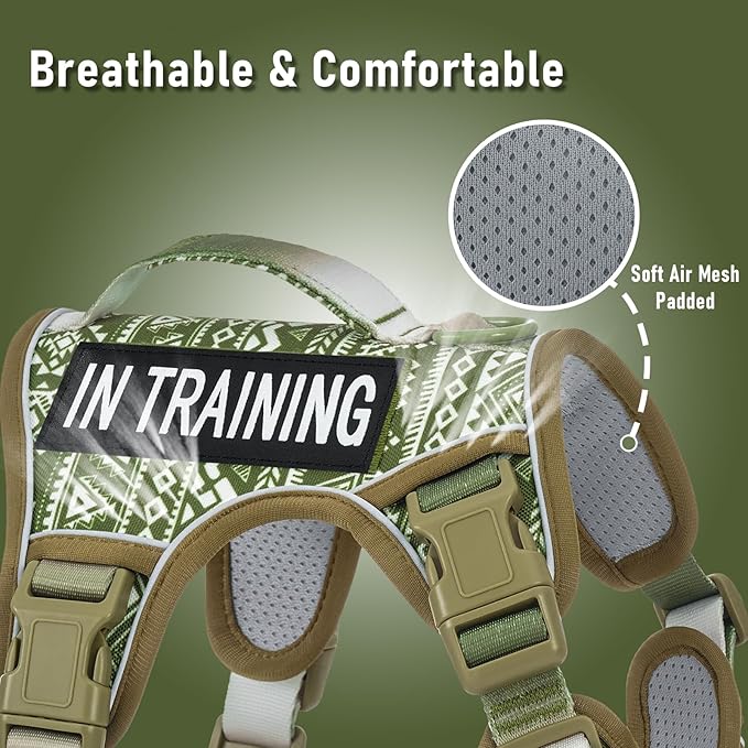 AUNZO Green Dog Harness for X-Large Dog Breeds, No Pull Adjustable Pet Harness with Handle, Reflective K9 Military Service Dog Vest for Walking Hiking Training, Green Ethnic, XL