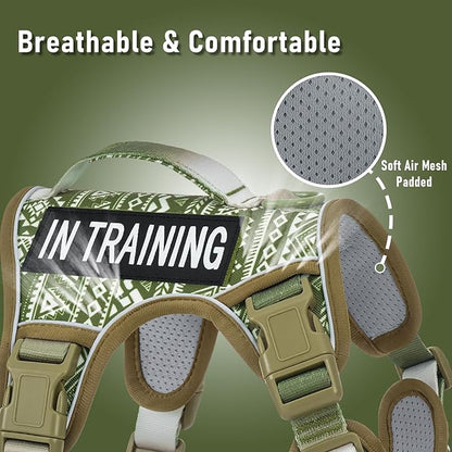 AUNZO Green Dog Harness for X-Large Dog Breeds, No Pull Adjustable Pet Harness with Handle, Reflective K9 Military Service Dog Vest for Walking Hiking Training, Green Ethnic, XL