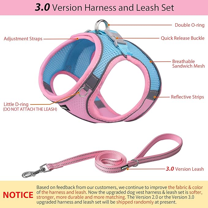 AIITLE Small Harness for Puppy with A Leash - Dog Vest Harness with Super Breathable Mesh, Reflective No-Pull Pet Harness for Outdoor Walking, Running for Small Dogs, Cats Pink XXS