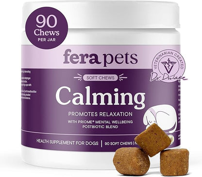 Fera Pets Dog Calming Chews - Helps Manage Everyday Stress & Separation - Promotes Relaxation - Ashwagandha & Priome® Mental Wellbeing Postbiotic Blend - 90 Soft Chews