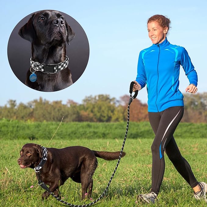Ladoogo Reflective Dog Collar Padded with Soft Neoprene Breathable Adjustable Nylon Dog Collars for Small Medium Large Dogs (X-Small (Pack of 1), Black Plaid Collar+Leash)