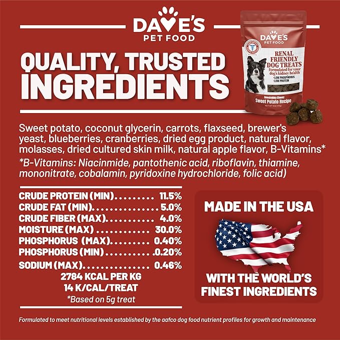 Dave's Pet Food Kidney Dog Treat for Renal Diet, Semi-Moist Sweet Potato Treats, Low Phosphorus Chewy Treats, Kidney Support for Dogs, Complements Friendly Dog Food (2 Pack)