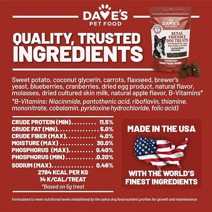 Dave's Pet Food Kidney Dog Treat for Renal Diet, Semi-Moist Sweet Potato Treats, Low Phosphorus Chewy Treats, Kidney Support for Dogs, Complements Friendly Dog Food (2 Pack)