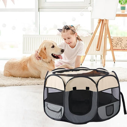 Pet Cat Playpen for Indoor Cats,Puppy Small Dog Cat Tent Crates Cage,Portable Pet Dog Playpen,29x29x16,Grey/Beige,1Pack