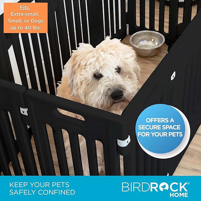 BIRDROCK HOME Dog Playpen w/Door, 12 Panel, 25.6in H | Strong Plastic, Non-Slip Puppy Playpen, Secure Pet Gate | Indoor Outdoor Fence | Configurable Panels | Small to Medium Pets - Black