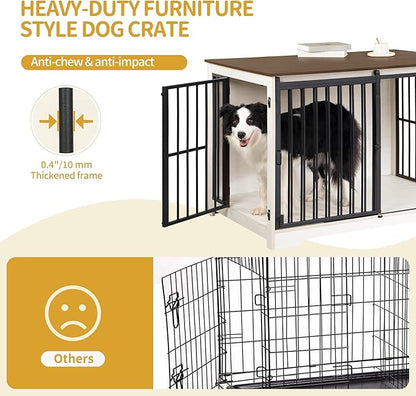 Hzuaneri 39.4" Heavy Duty Dog Crate Furniture with Barn Door, Wood Indoor Dog Crate Kennel for Small/Medium/Large Dogs, End Side Table, TV Stand, Anti-Chew Anti-Escape, White Brown DFC02314B