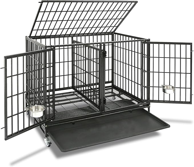 Homey Pet Stackable 43 inch Dog Crate Cage Kennel Indoor with Divider, 2X Steel Bowls, 4X Lockable Wheels, Tray, Heavy Duty Wire Dog Crates for Large/Medium/Small Dogs (Tall Model)
