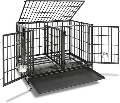 Homey Pet Stackable 43 inch Dog Crate Cage Kennel Indoor with Divider, 2X Steel Bowls, 4X Lockable Wheels, Tray, Heavy Duty Wire Dog Crates for Large/Medium/Small Dogs (Tall Model)