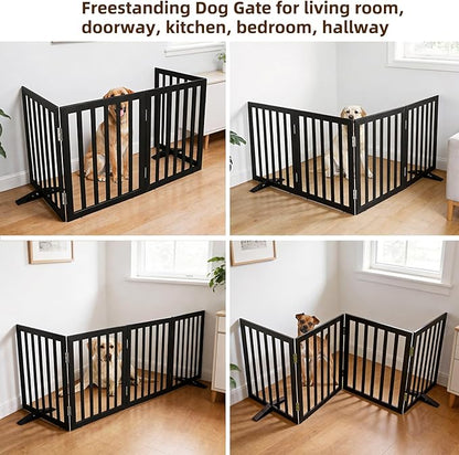 ZJSF Freestanding Indoor Dog Gate for House Foldable Wood Puppy Gate for Doorways Pet Gate for Stairs Extra Wide Pet Fence, Black, 24" Height 4 Panels