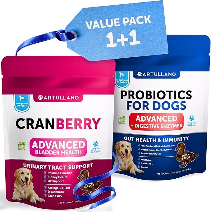 Dog UTI Treatment + Probiotic Chews Bundle - Cranberry Supplement for Bladder & Kidney Support - Probiotics & Prebiotics for Gut Health, Immunity, Yeast Balance, Reduces Diarrhea & Allergies