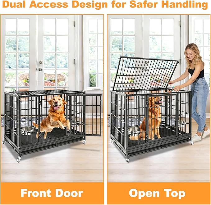 Homey Pet Large Dog Crates for Large Dogs, 47 Inch Heavy Duty Stackable Dog Cage with 2 Bowls, 4 Wheels, Double Removable Trays and Grids, Escape Proof Metal Wire Dogs Kennel Indoor