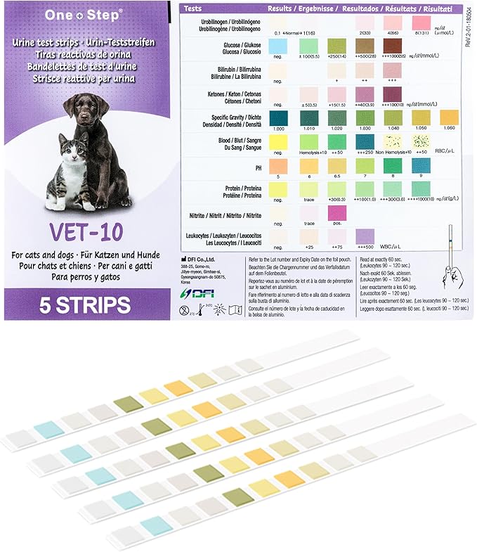 One Step Pet Urine Testing Strips, 5 x 10 Parameter Urinalysis Test Strips, Urine pH Test Strips for Dogs, Cats, Accurate Testing for UTI, Bladder & More, Pet Glucose Monitoring Kit