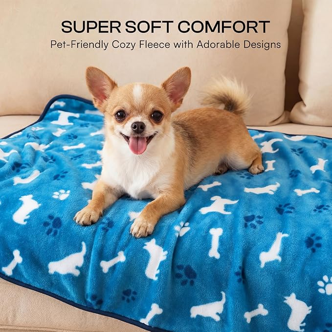 Luciphia 1 Pack 3 Dog Printed Fleece Pet Blankets Washable，Soft Warm Throw Covers for Crate Couch Bed，Cozy Puppy Essentials for Dogs and Cats， Blue/Grey/Khaki, Small (23x16 inch)