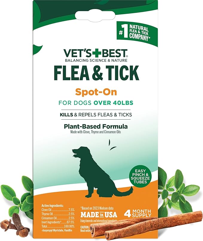 Vet’s Best Natural Flea and Tick Drops for Dogs – Natural Topical Flea Prevention with Certified Essential Oils – Plant-Based Spot-On Treatment for Large Dogs – Pest Control – 4 Month Supply