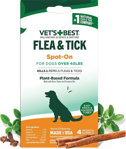 Vet’s Best Natural Flea and Tick Drops for Dogs – Natural Topical Flea Prevention with Certified Essential Oils – Plant-Based Spot-On Treatment for Large Dogs – Pest Control – 4 Month Supply