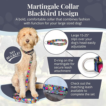 Lucky Love Dog Martingale Dog Collar - Adjustable, No-Slip, Durable, & Soft Webbing Collar for Male and Female Dogs Ideal for Training & Walking - Blackbird, Large