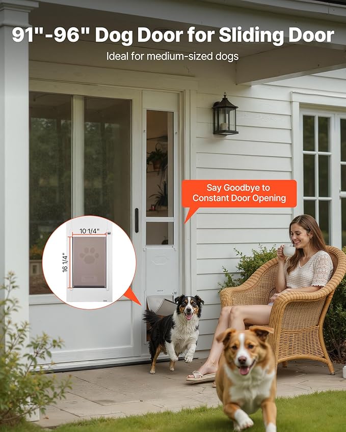 VEVOR Dog Door for Sliding Glass Door, 91 to 96 in Adjustable Height, Aluminum Alloy Frame with Metal Rotating Hinges, Lock Design, 10 1/4 x 16 1/4 in Flap, Sliding Glass Pet Door for Renters
