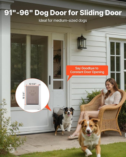 VEVOR Dog Door for Sliding Glass Door, 91 to 96 in Adjustable Height, Aluminum Alloy Frame with Metal Rotating Hinges, Lock Design, 10 1/4 x 16 1/4 in Flap, Sliding Glass Pet Door for Renters