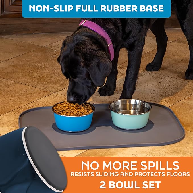 Master Pet Supply Stainless Steel Dog Bowls Set of 2 (32 Oz Each) with Non-Slip Rubber Base - Navy Blue - Basic Dog Food Bowl Water & Food Bowls for Small Medium Large Dogs & Cats, Metal Dish