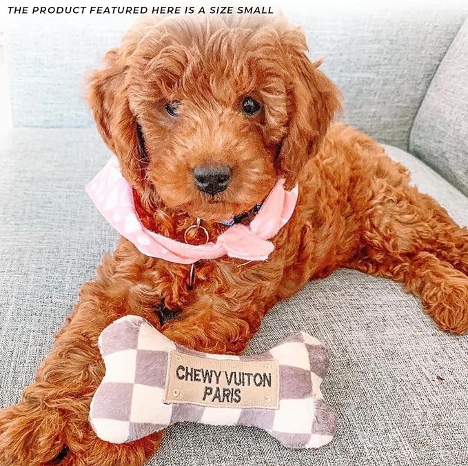 Haute Diggity Dog Chewy Vuiton Bone Plush Squeaky Dog Toy, Soft Durable Designer-Inspired Stuffed Puppy Chew Toys for Small & Medium Dogs, Machine-Washable (Tan Checker) Small