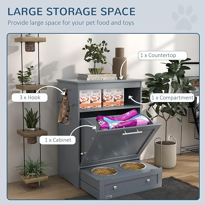 PawHut Dog Feeding Station with Raised Bowls & Storage Cabinet, Pet Feeder Cabinet Container with Hanger for Feeding & Watering Supplies, Dog Food Organizer, Gray