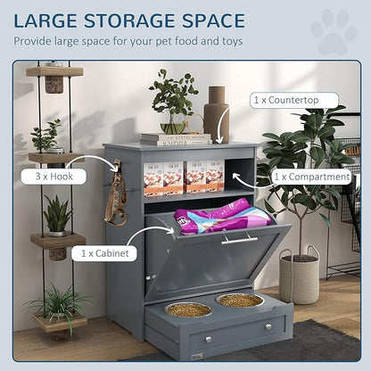 PawHut Dog Feeding Station with Raised Bowls & Storage Cabinet, Pet Feeder Cabinet Container with Hanger for Feeding & Watering Supplies, Dog Food Organizer, Gray