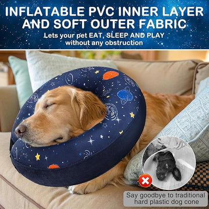 SCENEREAL Dog Cone Alternative After Surgery Donut Collar, Soft Pet Recovery Pillow Collar for Medium Large Dogs, Inflatable Adjustable Neck Collars to Prevent Licking, Planet Print E-Collars L