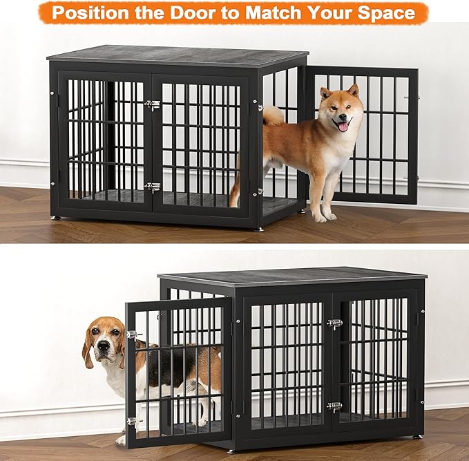 rehomerance 38 Inch Heavy Duty Dog Crate Furniture for Large and Medium Dogs, Decorative Pet House End Table, Wooden Cage Kennel Furniture Indoor, Gray