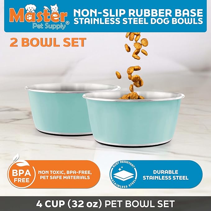 Master Pet Supply Stainless Steel Dog Bowls Set of 2 (32 Oz Each) with Non-Slip Rubber Base - Aqua Sky - Basic Dog Food Bowl Water & Food Bowls for Small Medium Large Dogs & Cats, Metal Dish