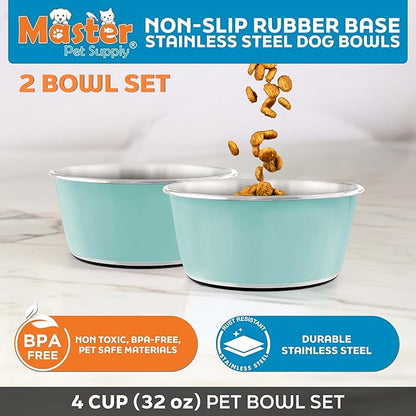 Master Pet Supply Stainless Steel Dog Bowls Set of 2 (32 Oz Each) with Non-Slip Rubber Base - Aqua Sky - Basic Dog Food Bowl Water & Food Bowls for Small Medium Large Dogs & Cats, Metal Dish