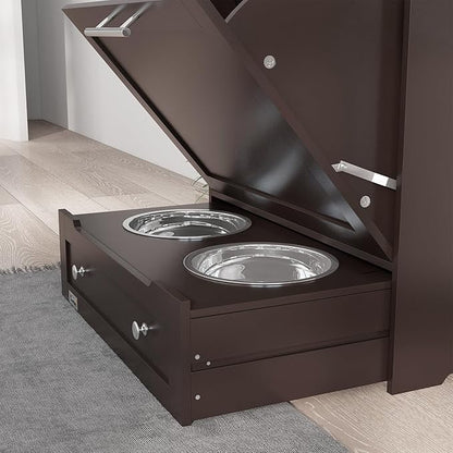 PawHut Dog Feeding Station with Raised Bowls & Storage Cabinet, Pet Feeder Cabinet Container with Hanger for Feeding & Watering Supplies, Dog Food Organizer, Brown