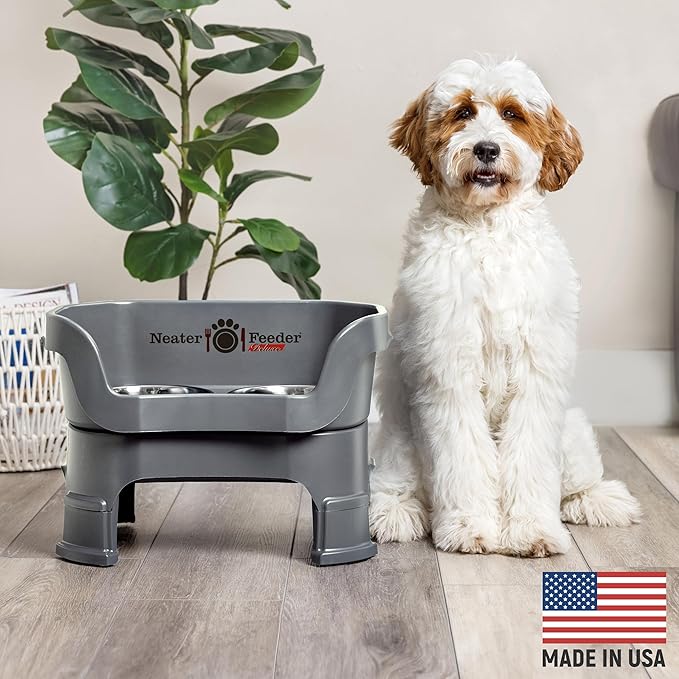 Neater Feeder Deluxe Mess-Proof Elevated Dog Bowls for Medium Dogs (19–40 lbs), 2 Height Adjustable (10” & 12.5”) No-Spill Raised Dog Bowl Stand, Stainless Steel Food Bowl Set, Made in USA, Grey