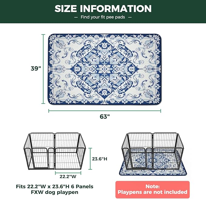 FXW Washable Pee Pads for Dogs, Leak-Proof & Non-Slip, Specifically Designed for FXW Rollick/Homeplus 24inch 6 Panels Dog Playpen, 39" x 63" Rectangle, Mandala Blue, 1 Pack