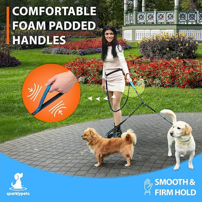 SparklyPets - Hands Free Double Dog Leash - Dual Dog Leash for 2 Small Dogs - with Padded Handles, Reflective Stitches - No Pull, Tangle Free, for Walking, Hiking, Canicross - for Small Dogs