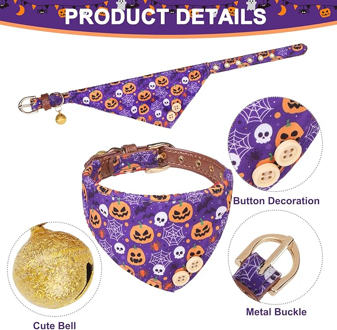 EXPAWLORER Halloween Dog Collar and Leash Set - Dog Bow Tie and Dog Bandana Collar with Bell, Dog Leash Tangle Free, Adjustable Collars for Small Medium Large Dogs Cats, Holiday Ideal Gift for Pets