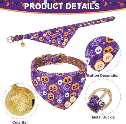 EXPAWLORER Halloween Dog Collar and Leash Set - Dog Bow Tie and Dog Bandana Collar with Bell, Dog Leash Tangle Free, Adjustable Collars for Small Medium Large Dogs Cats, Holiday Ideal Gift for Pets