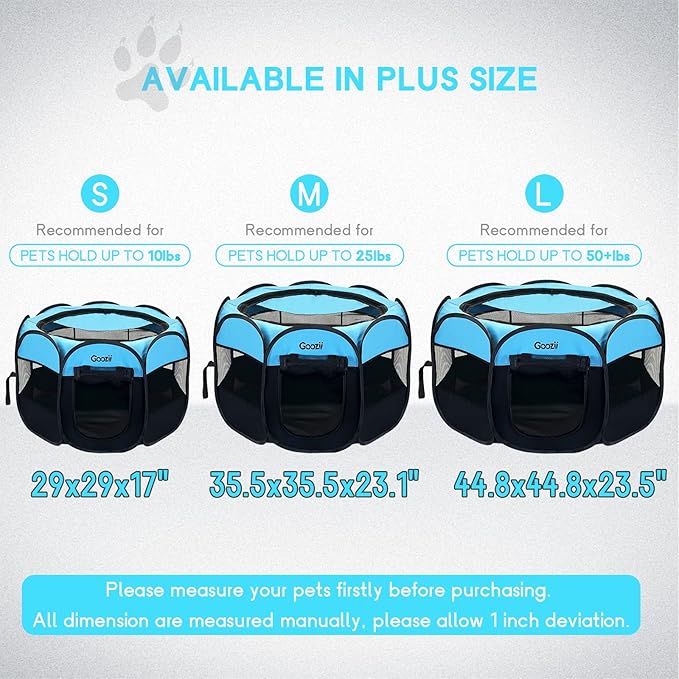 GOOZII Dog Playpen Portable Collapsible, Indoor Outdoor Pet Puppy Exercise Playpens Case with Zipper Door Top Cover Floor for Large Cat Rabbit Travel Camping (Small Size, Black/Blue)