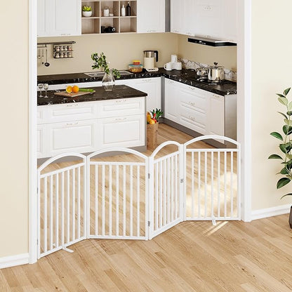 Folding No-Assembly Freestanding Dog Gate with Door,32" Heights Foldable Pet Fence,96" Extra Wide Accordion Puppy Folding Playpen for Doorways,House,Stairs (4 Panels,White)