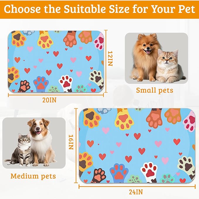 Pet Feeding Mat,Dog Paws Absorbent Dog Cat Food Mat Cute Cat Dog Mat with Rubber Backing,Non-Slip Water Bowl Placemat,Pet Supplies 16" x 24"