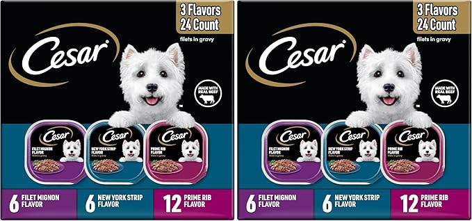 Cesar Filets in Gravy Adult Wet Dog Food Variety Package,Filet Mignon,New York Strip and Prime Rib Flavors,3.5 oz. Easy Peel Trays,Variety Pack,24 Count (Pack of 2)