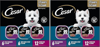 Cesar Filets in Gravy Adult Wet Dog Food Variety Package,Filet Mignon,New York Strip and Prime Rib Flavors,3.5 oz. Easy Peel Trays,Variety Pack,24 Count (Pack of 2)